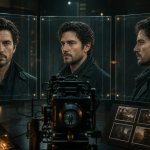 The same cinematic AI character shown consistently from front, profile, and three-quarter angles