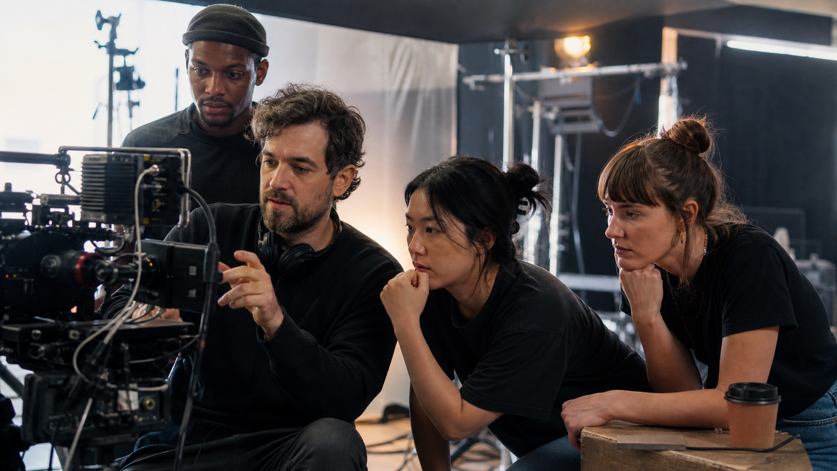 AI video production team reviewing a cinematic camera shot in a professional studio