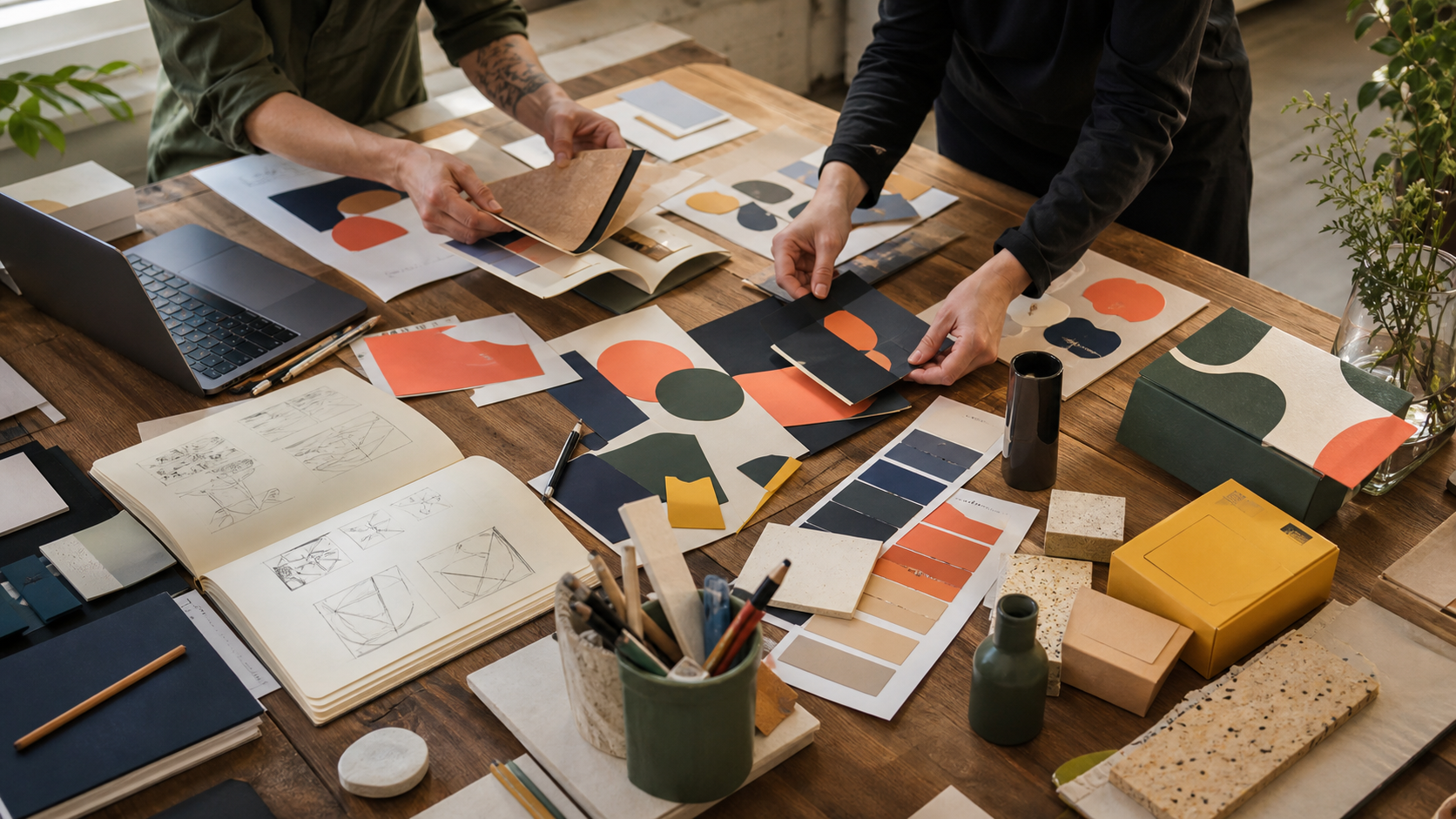 Brand identity designers developing visual concepts with color and material samples