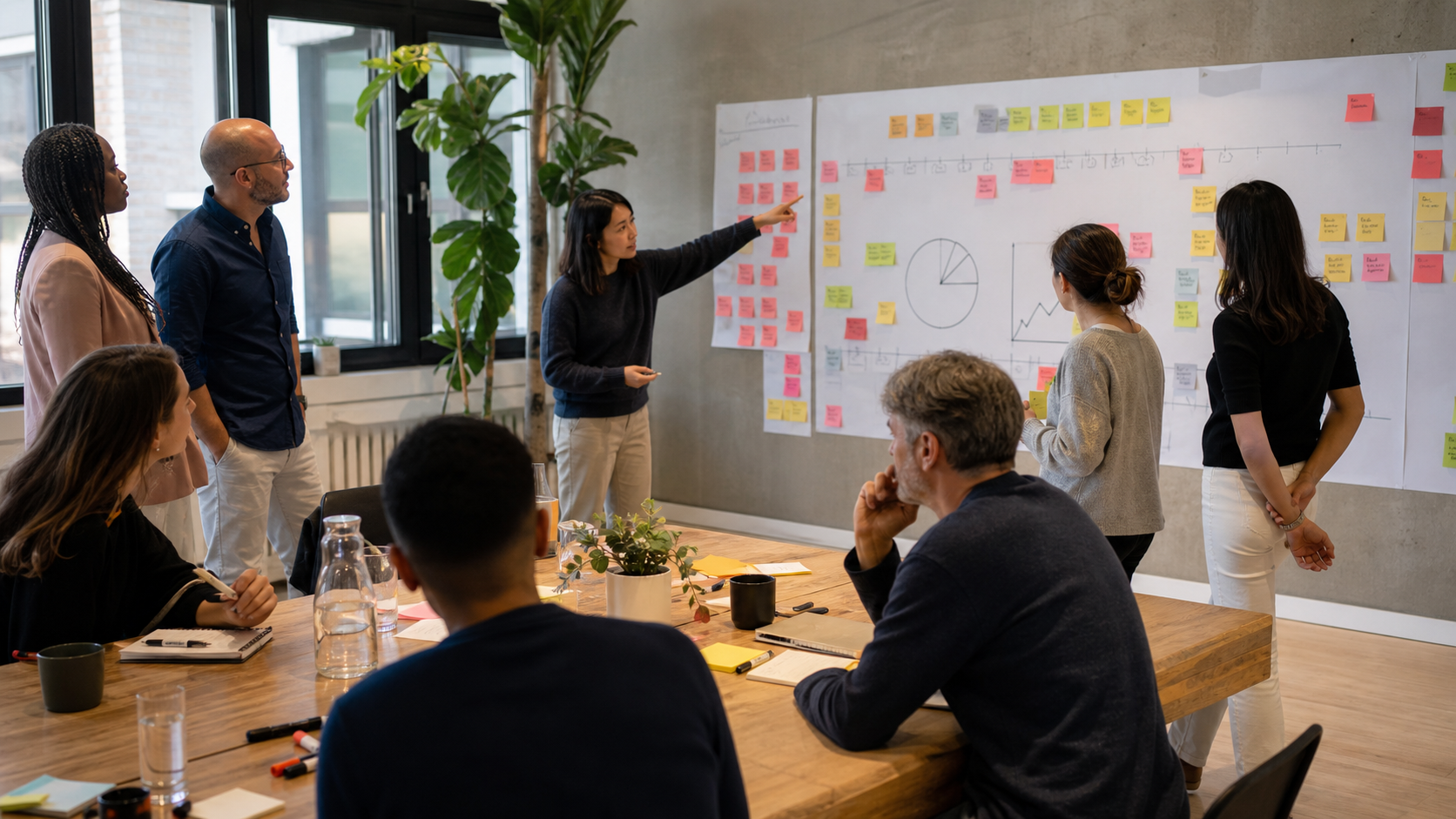Growth strategy consulting workshop with a team reviewing priorities and a roadmap