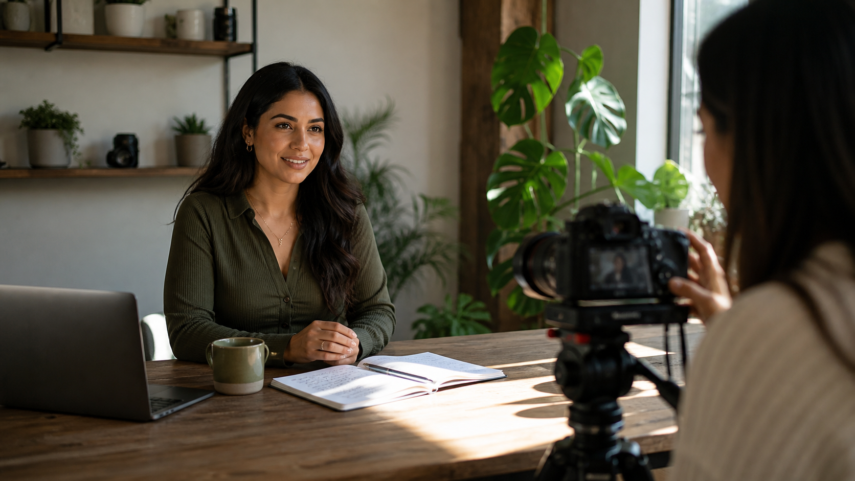 Personal branding consultant recording an expert in a natural content studio
