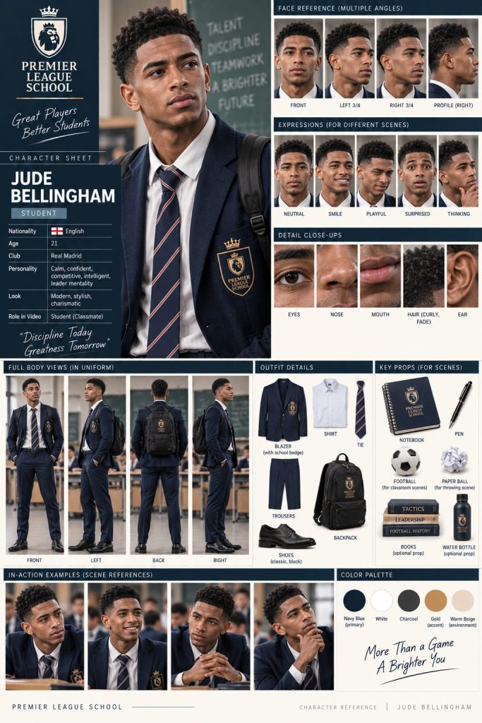 Jude Bellingham AI character reference sheet