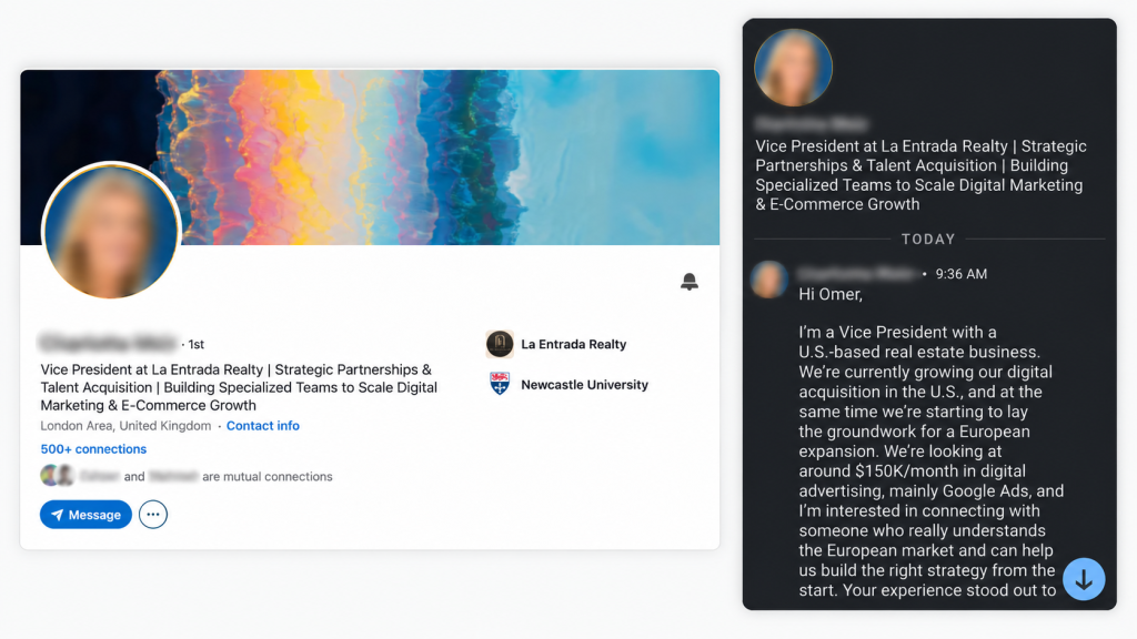 [IMAGE 1 — Screenshot of the original LinkedIn approach. Show the sender, the business context and the initial proposal. Blur any information that is not relevant to the investigation.]
