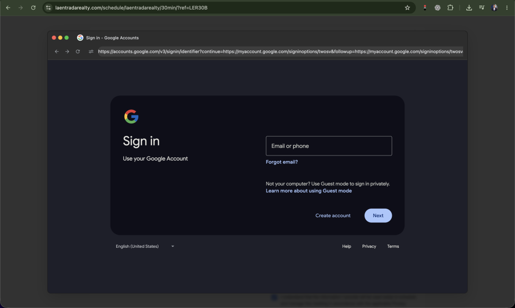 [IMAGE 12 — Screenshot of the complete fake Google login window with the apparent accounts.google.com address visible.]
