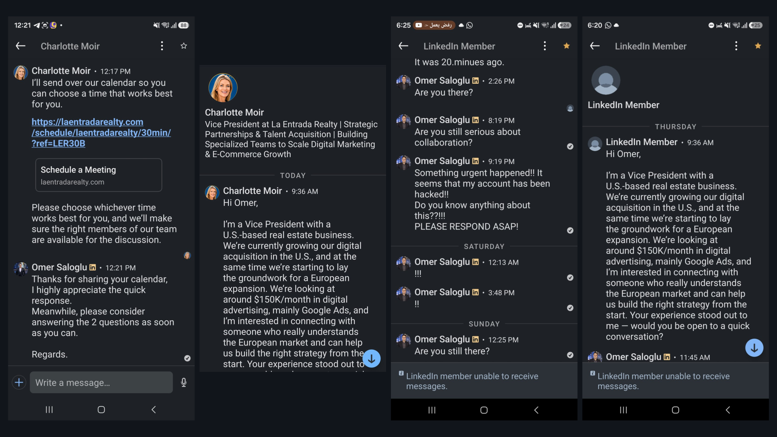 LinkedIn messages showing the original phishing approach, follow-up messages claiming the Google account had been compromised, and the account later appearing as LinkedIn Member