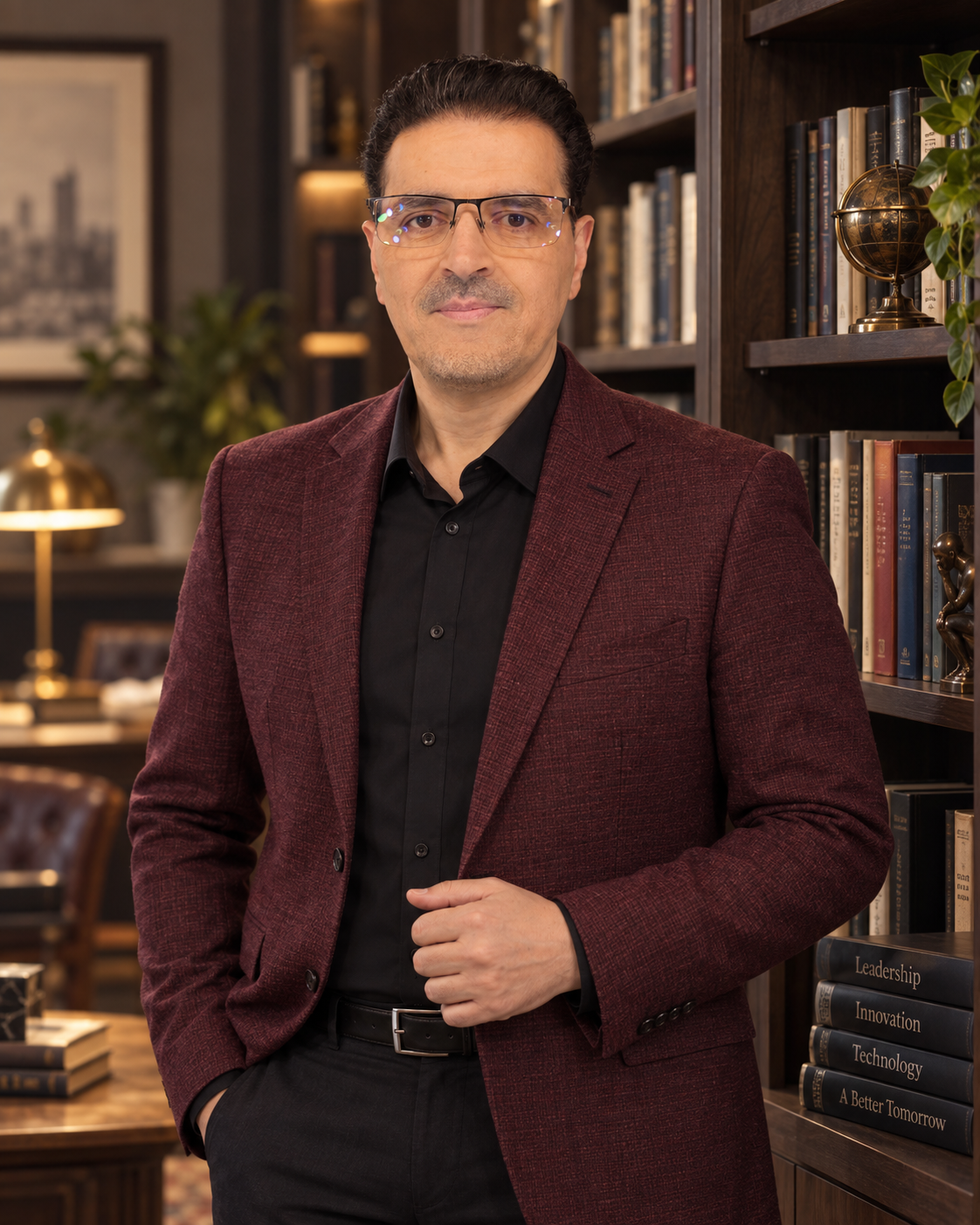 Omar Alshal in a library, wearing a burgundy jacket
